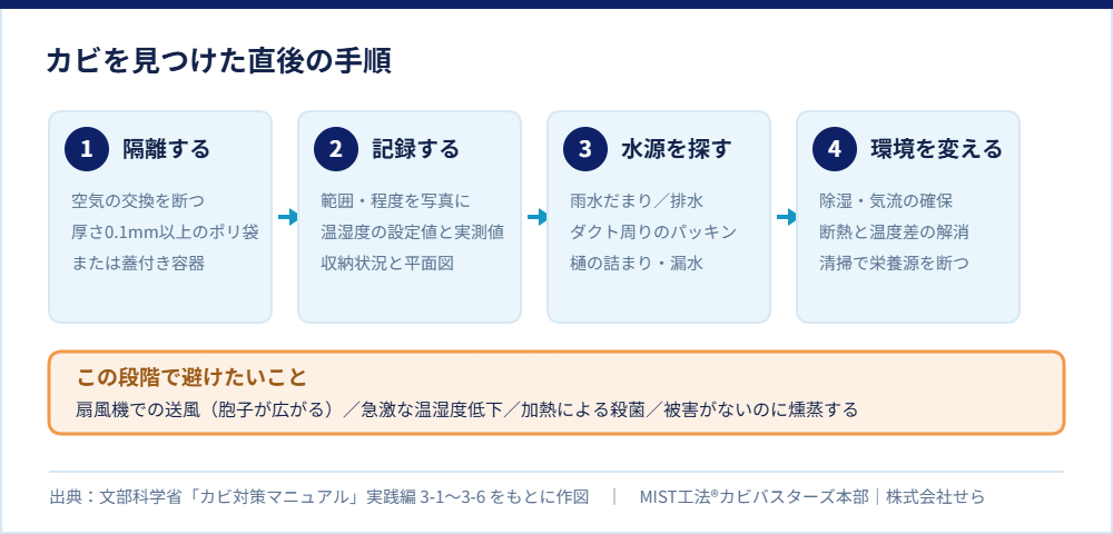 カビ発見後の初期対応4ステップと、この段階で避けたい処置をまとめた図