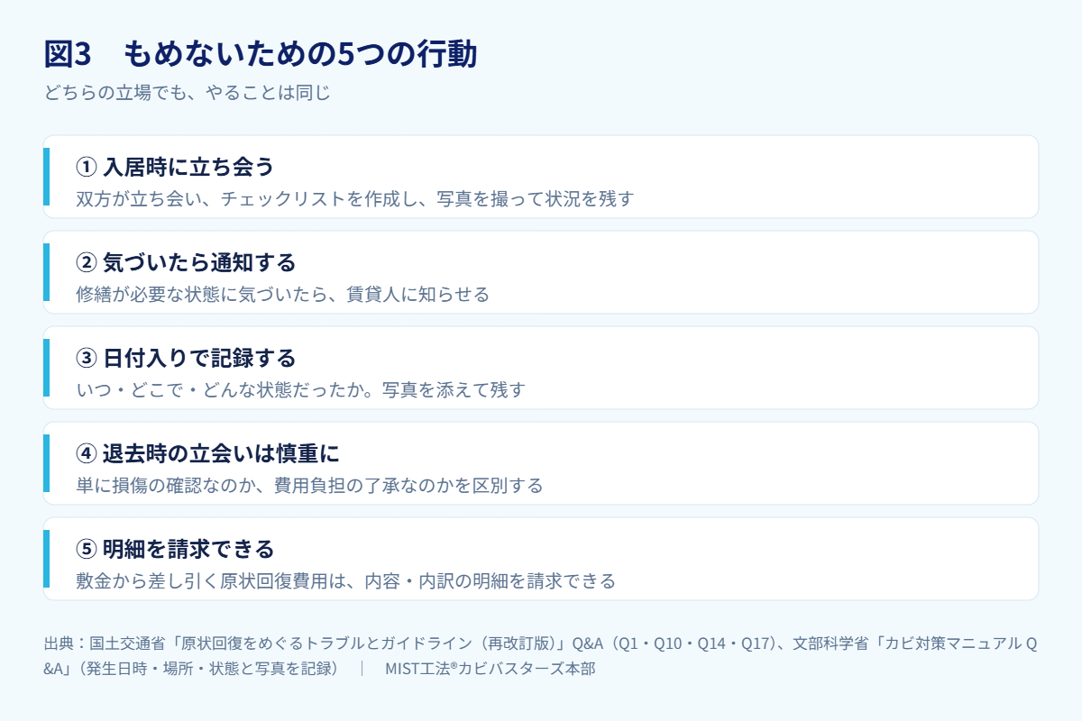 図3　もめないための5つの行動（出典：国土交通省「原状回復をめぐるトラブ